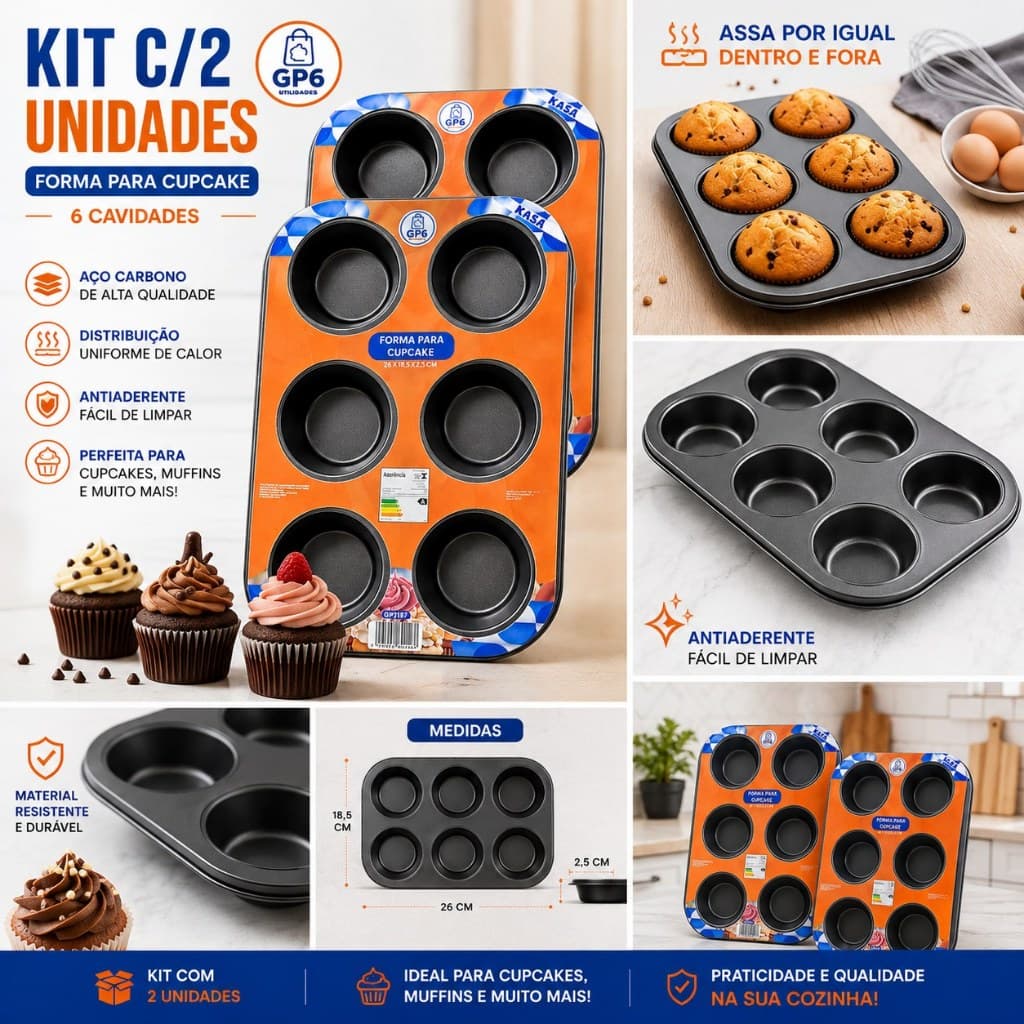 Kit 2 Forma Para Cupcake Pão De Queijo Empada C/6 Cavidades Aço Carbono Antiaderente  GP6 Imports