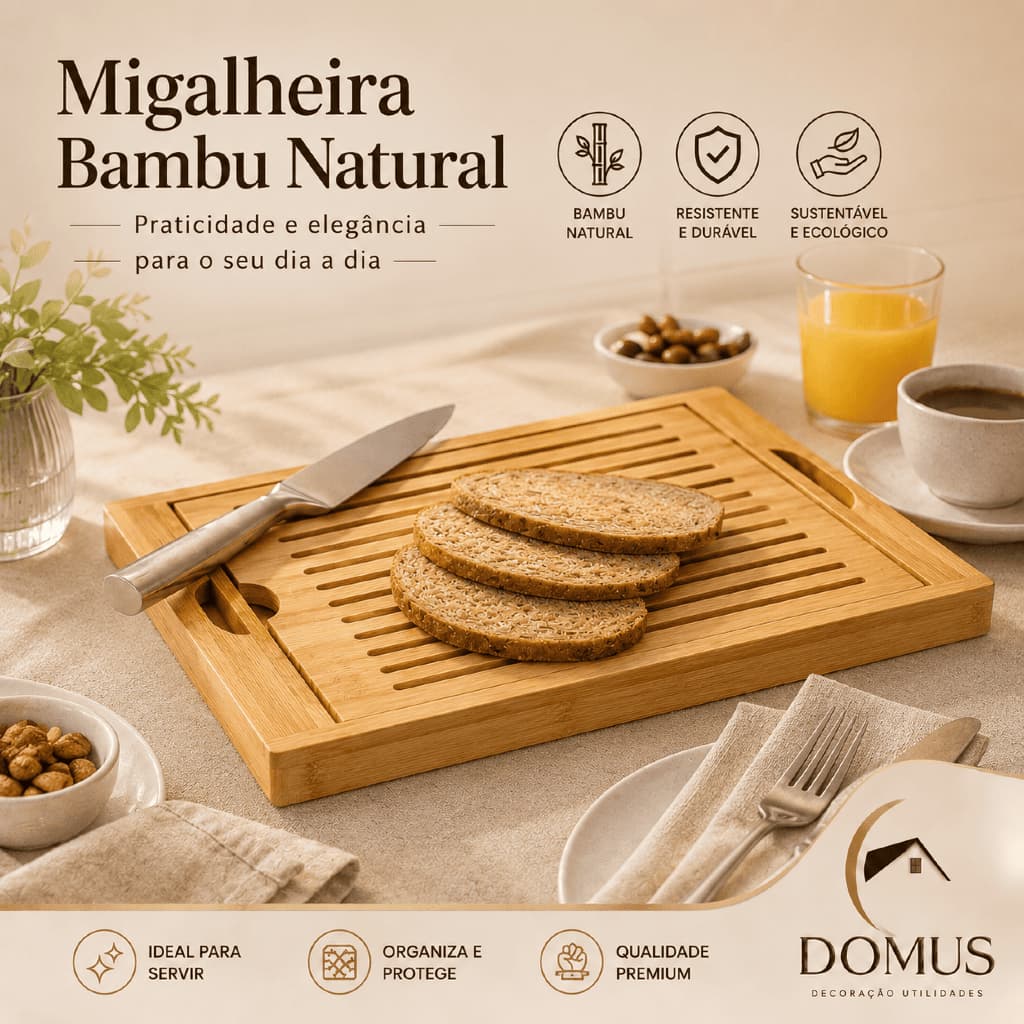 Bandeja  Migalheira Tabua de Bambu para Pães Multiuso Café da Manhã Tabua de Cortes Porta Talheres