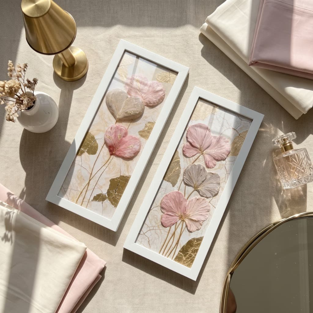 Quadro Decorativo Sala Kit 2 Flores Rosa Dourado 18x45 Enfeite Parede Elegante Decoração Casa vidro