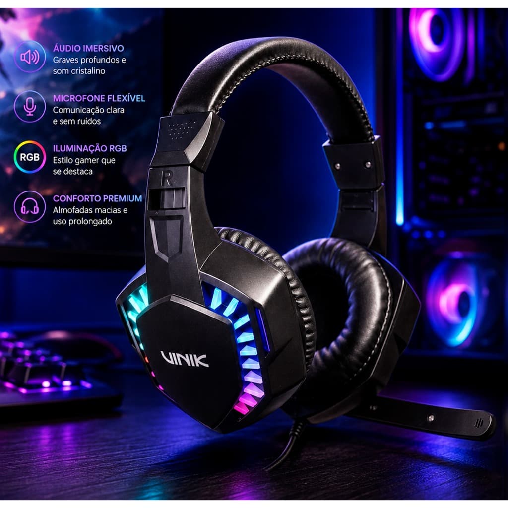 Fone De Ouvido Headset Gamer Vinik Guardian - Preto - Led Rainbow