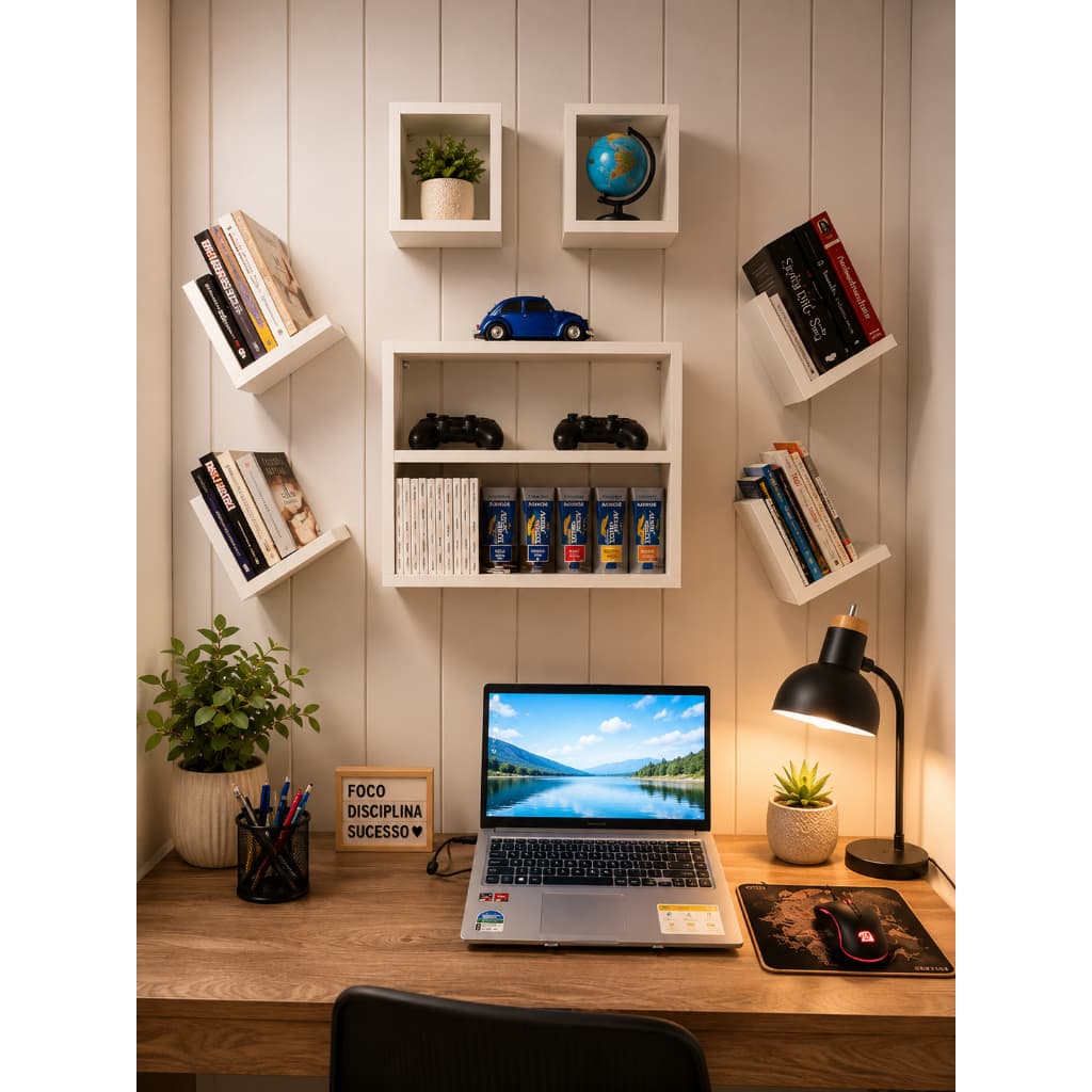 Kit 7 Peças Nichos Cubo L Prateleira Escritório Sala Quarto - Compmovel