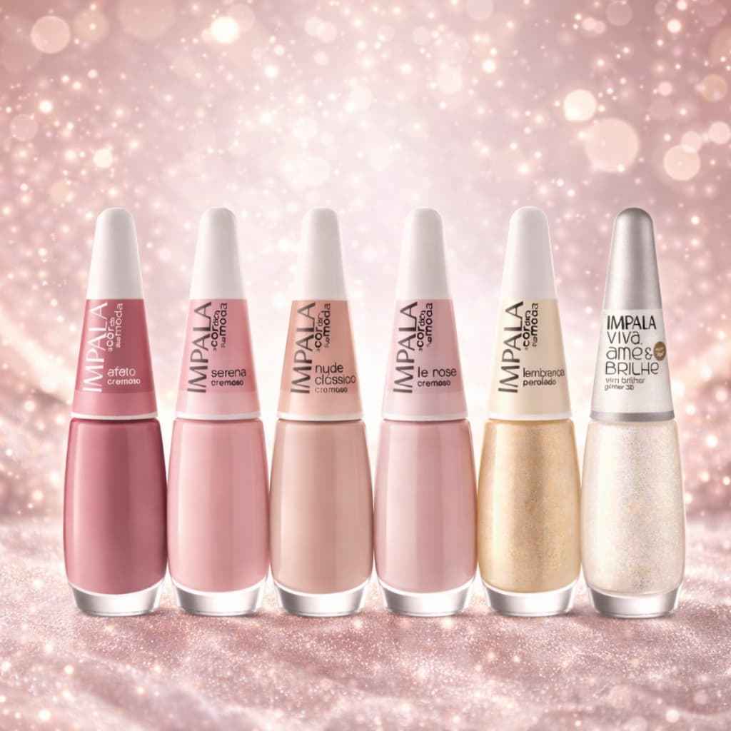 Kit Esmaltes Impala Tons De Nude Rose e Glitter Rosa Classico Atacado Manicure