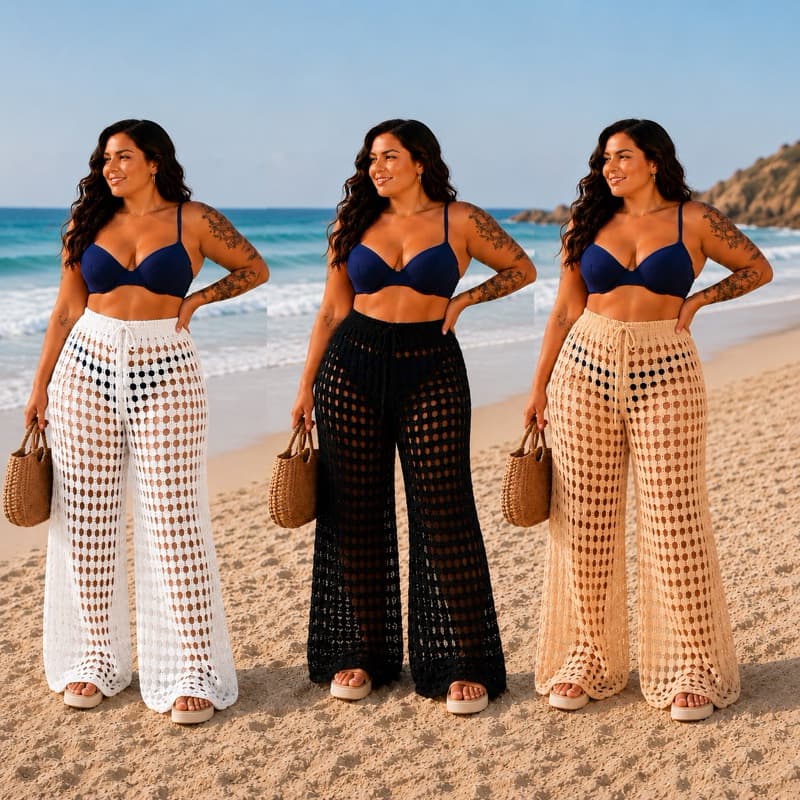 Saida Praia Calça Plus Size Piscina Passeio Trico Modal Crochê Confortável Cintura Alta com Ajuste