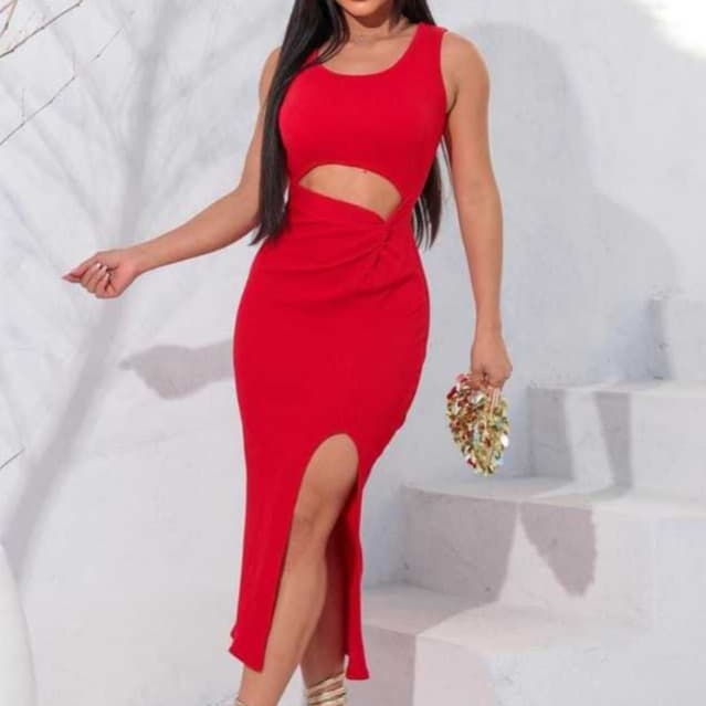 VESTIDO MIDI FEMININO COM FENDA LATERAL