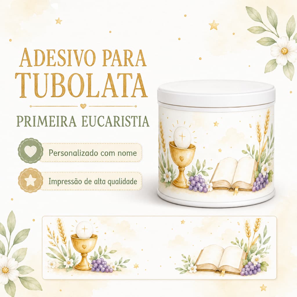 Adesivo Personalizado para Tubolata 5x6 Primeira Eucaristia Comunhão Lembrancinha Infantil