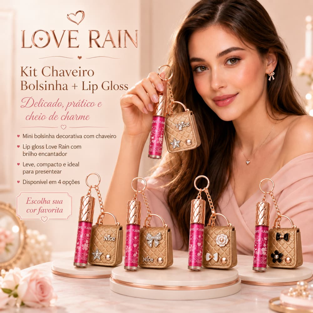 Lip Gloss com Chaveiro e Mini Bolsinha Feminina Love Rain