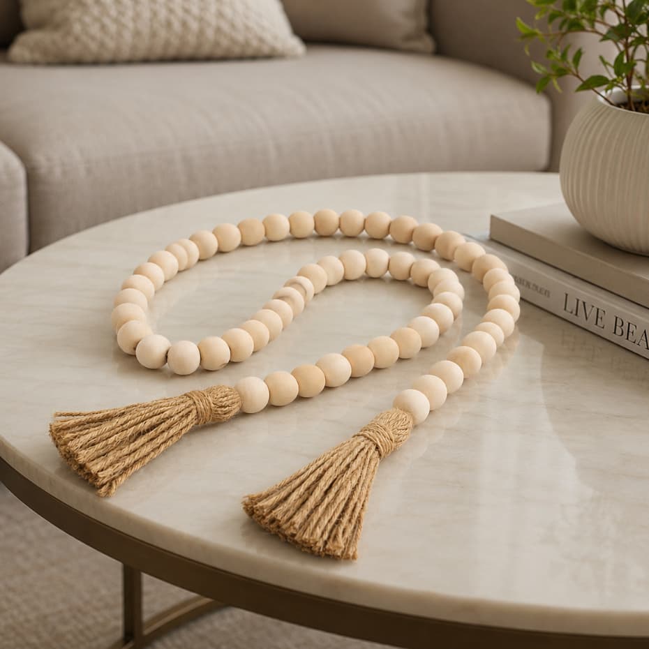 Colar Decorativo 1 Metro Contas de Madeira com Franja Boho Mesa Aparador Decoração Bege