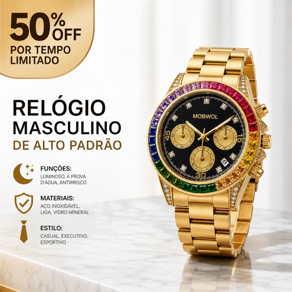 Relógio de quartzo de alto padrão com pulseira de aço maciço e alta resistência à água.