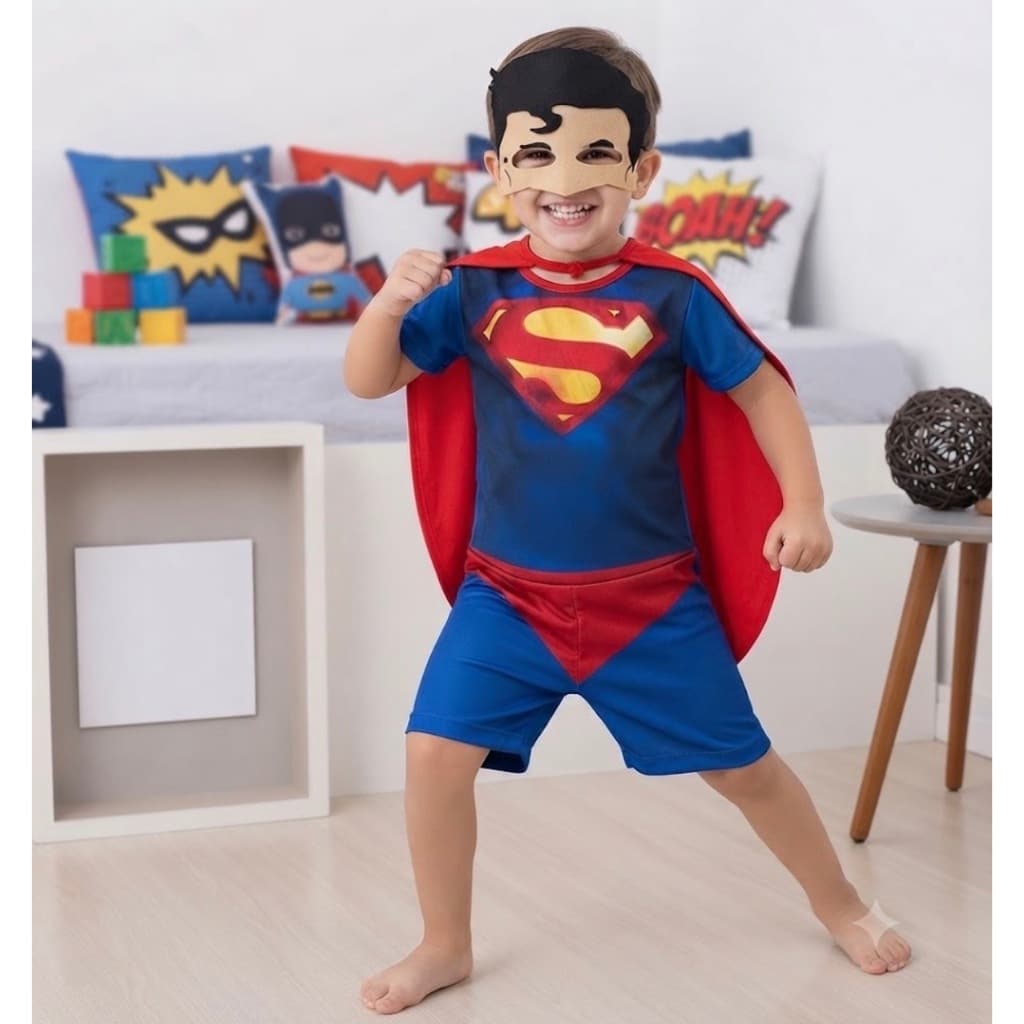 Fantasia Super Man Infantil 2,4,6,8 Super Herói, Super Homem, Com Máscara, Macacão Helanca Com Capa
