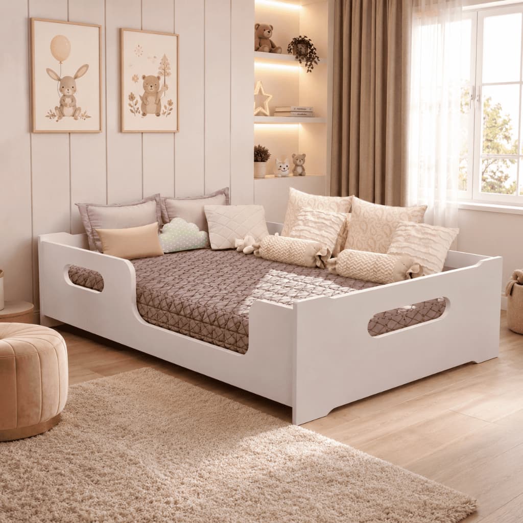 Cama Tamanho Casal Montessoriana Moderna Grade De Proteção Encanto Quarto Criança Premium Cor Branco
