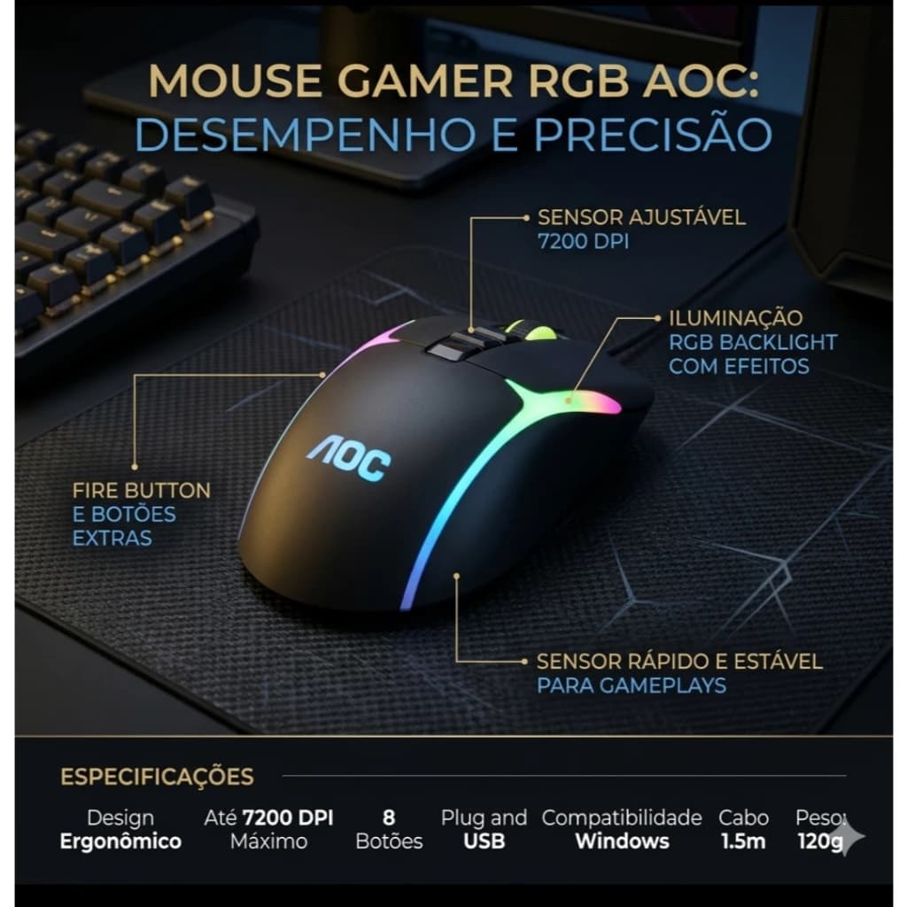 Mouse Gamer original PC Notebook  RGB 7200 DPI Alta Precisão  iluminação rapidez  8 botões