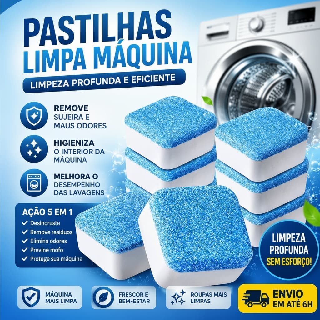 🧼 PASTILHA PARA LIMPEZA DE MÁQUINA DE LAVAR – LIMPEZA PROFUNDA E PRATICIDADE. KIT COM 2, 6, 10 E 14 PASTILHAS