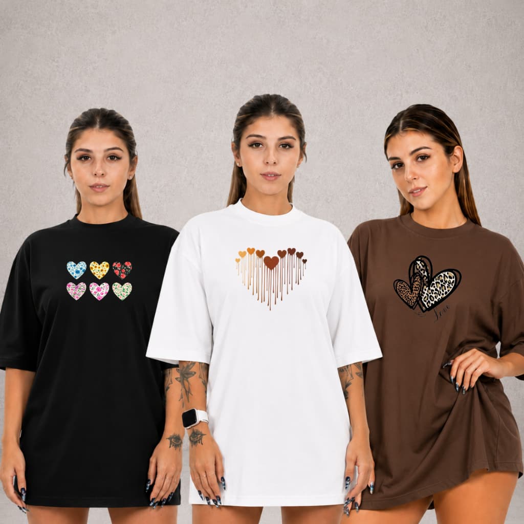 Kit 3 T-Shirt Feminina Plus Estanpado Coraçôes  Size P ao G5 Algodão Gola Redonda Camiseta Básica Modelagem Soltinha