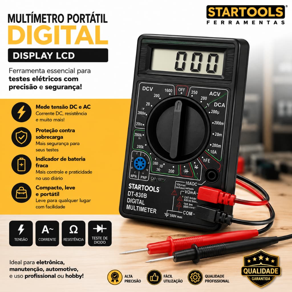 Multímetro Portátil Digital Display LCD Teste de Tensão Continuidade Diodo Startools 🔧