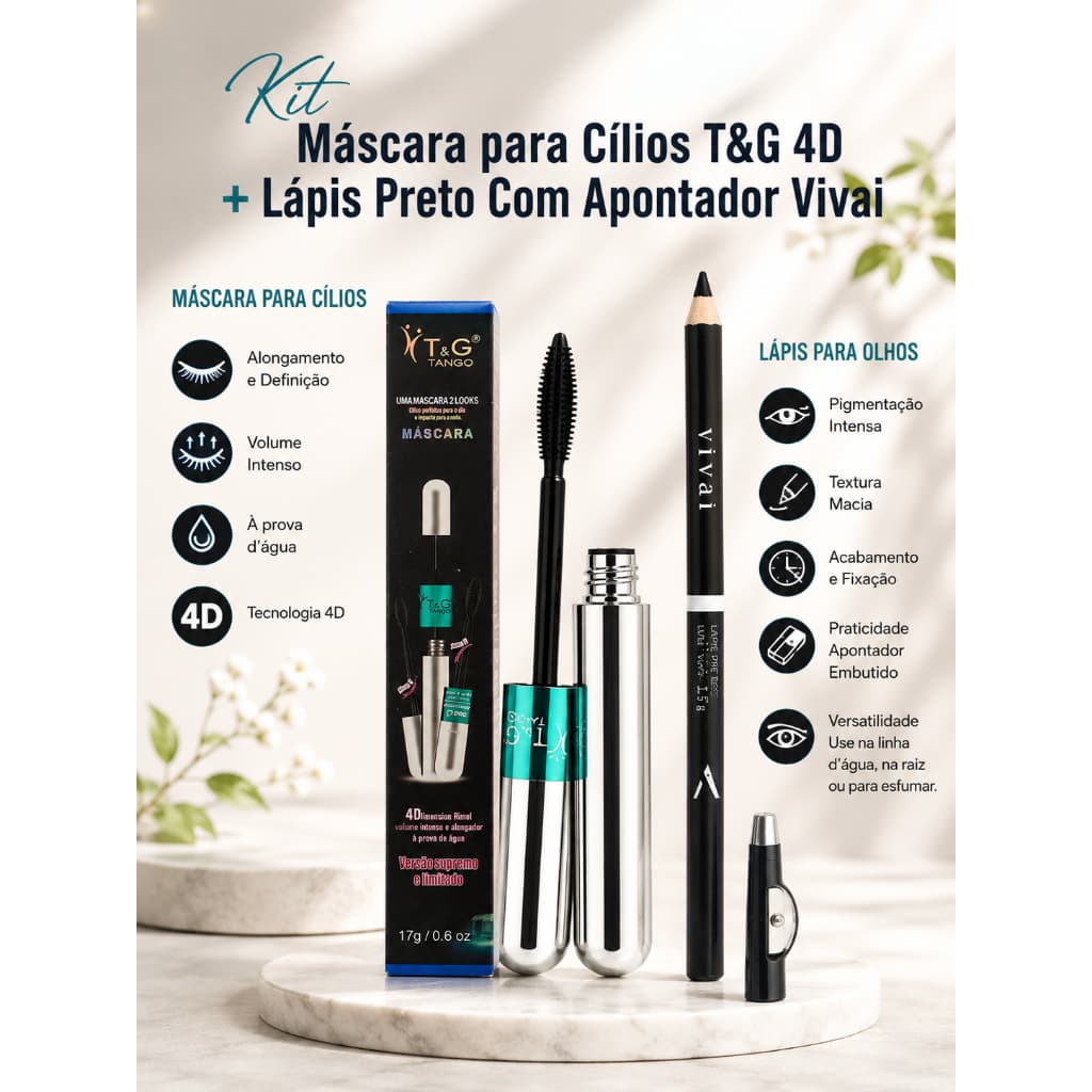 Kit Máscara para Cílios T&G 4D  + Lápis de Olhos Preto com Apontador Vivai