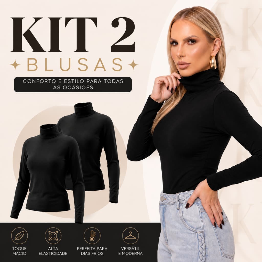 KIT COM 2 Blusas Femininas Cacharrel Manga Longa Gola Alta Poliamida inverno ou verão moda casual
