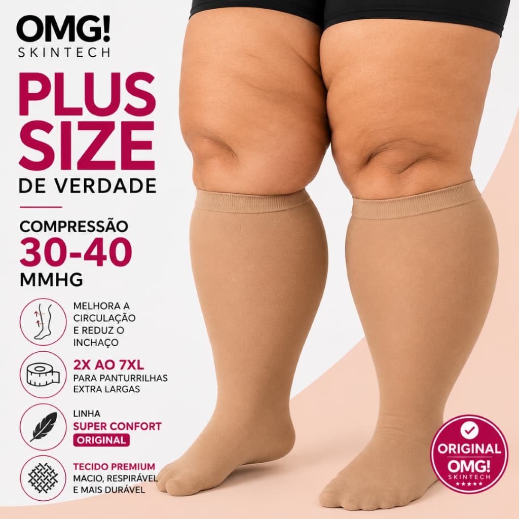 Meias De Compressão 3/4 Extra Grande ( 30-40mmHg )  Plus Size Bege Para Varizes Edemas Pernas Inchadas