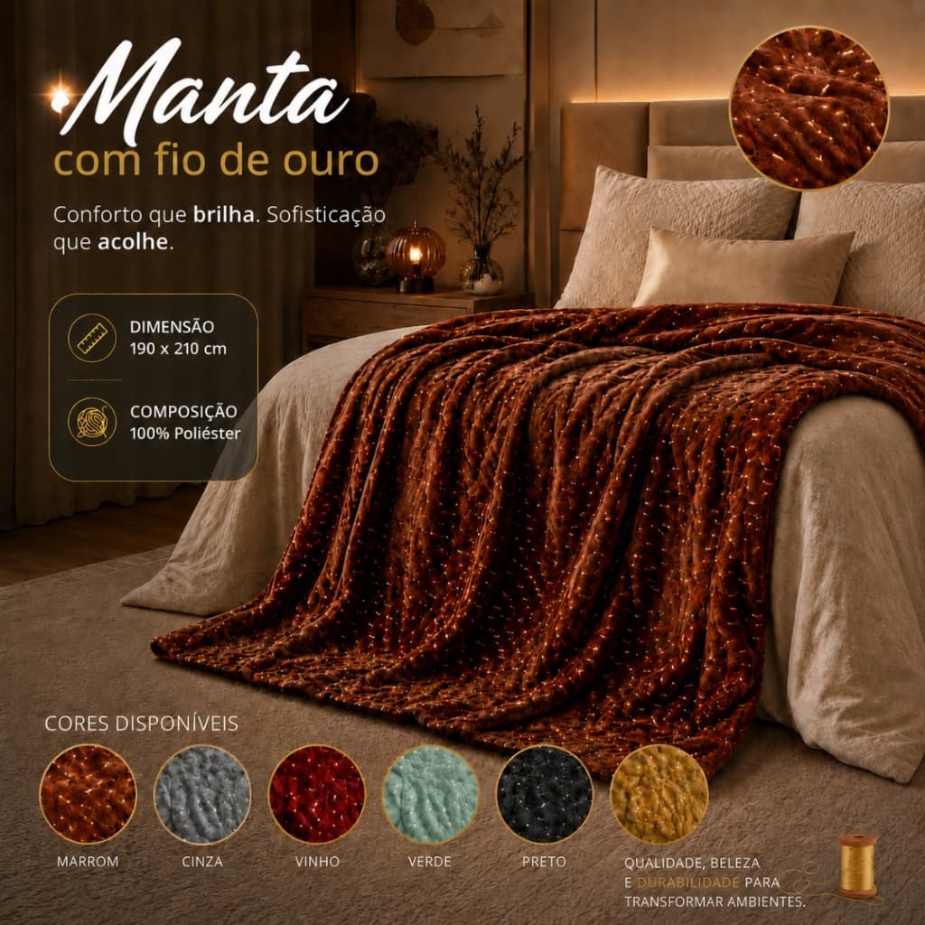 Cobertor Manta Casal Grossa 2,10m x 1,90m Mantinha Fio de Ouro Dupla Face Macia e Quentinha