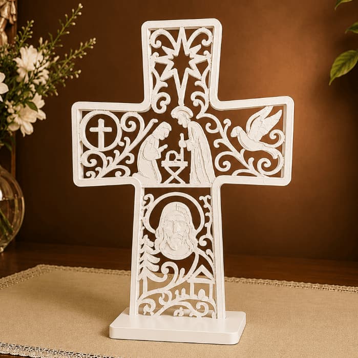 Cruz Decorativa Cristã 3D Sagrada Família Enfeite Religioso de Mesa para Casa e Altar Decoração Católica Em Várias Cores