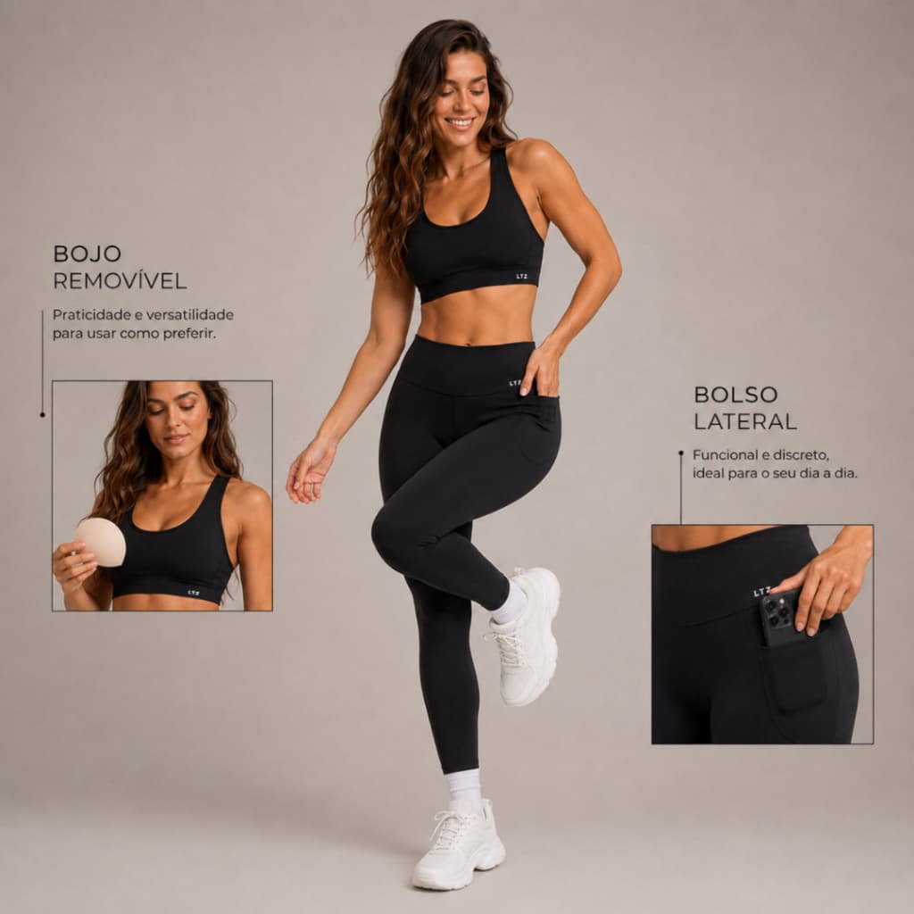 Conjunto Fitness Top Nadador + Legging Poliamida Premium com Bolso Lateral