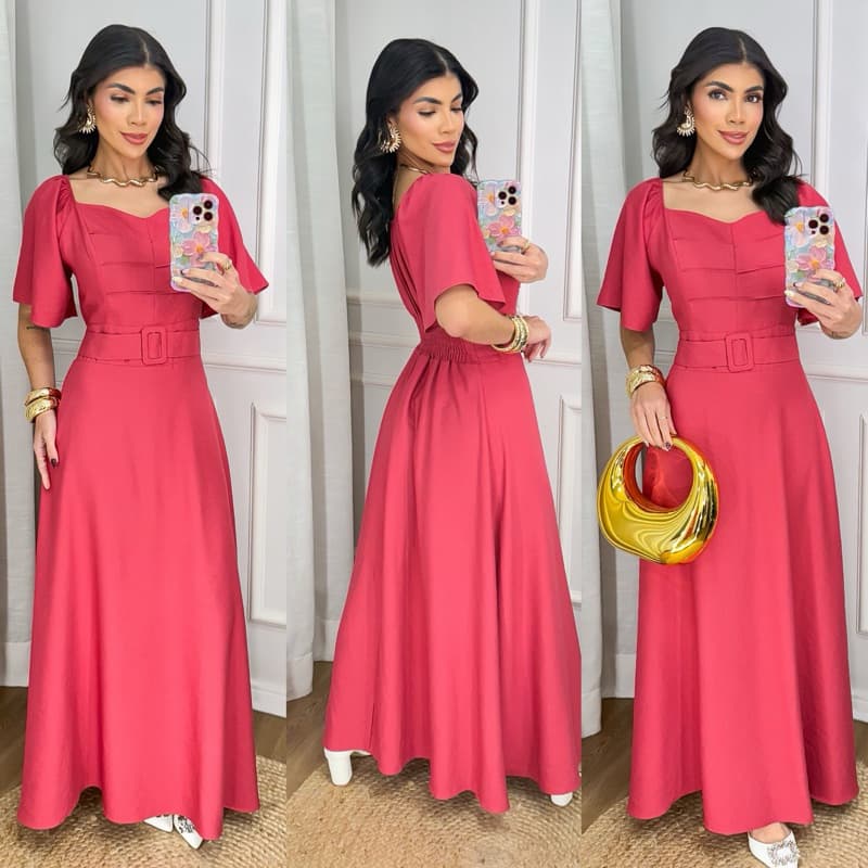vestido longo elegante com cinto lizo manga morcego