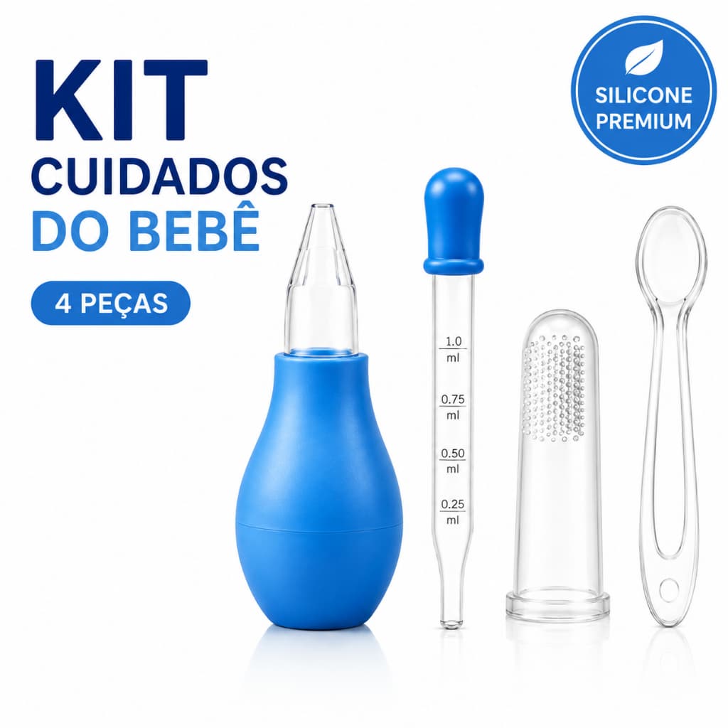 Kit Higiene do Bebê 4 em 1 Aspirador Nasal Conta-Gotas Colher Silicone Escova
