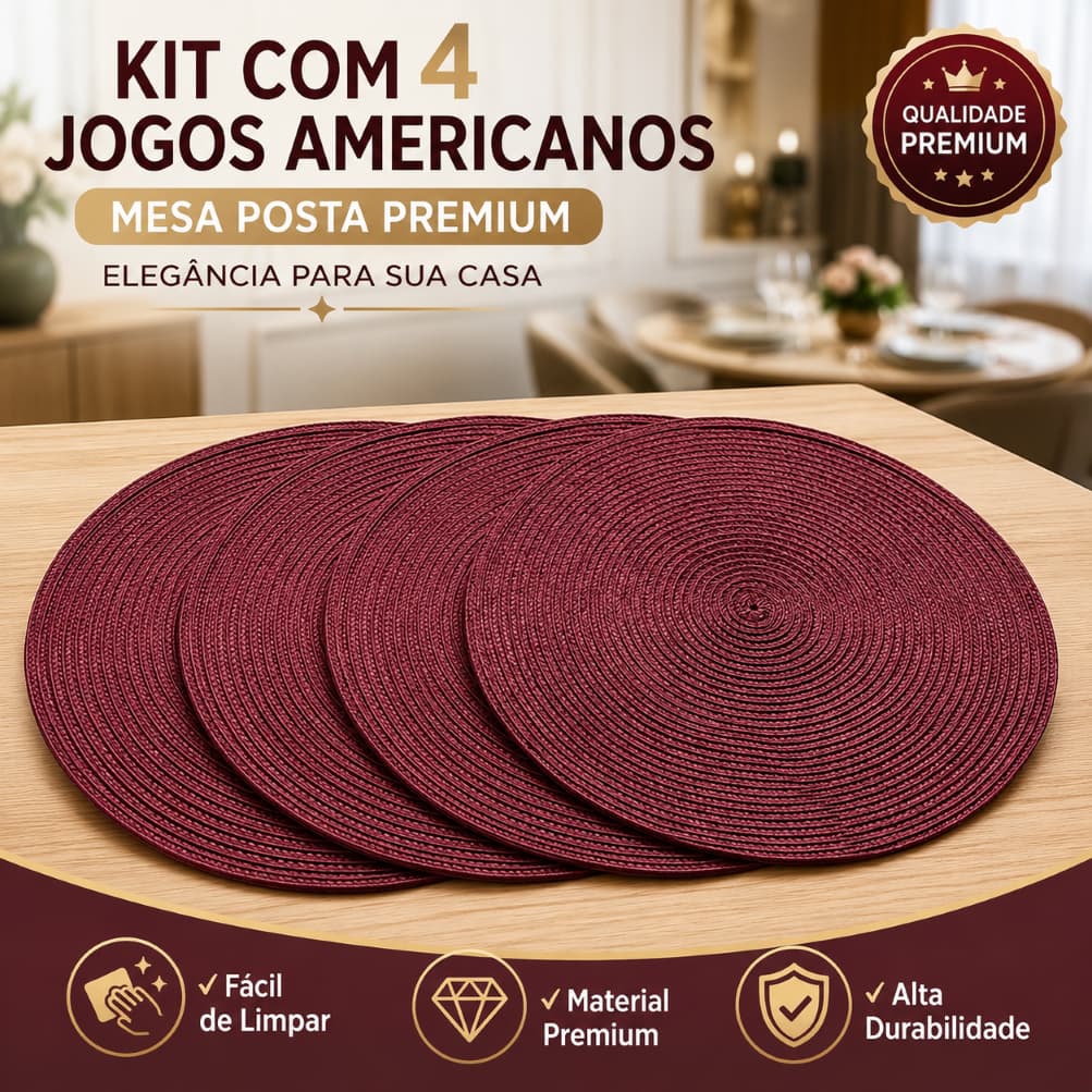 Jogo Americano Redondo Kit 4 Lugares Premium 38cm Mesa Posta Sousplat PVC Lavável Antiderrapante