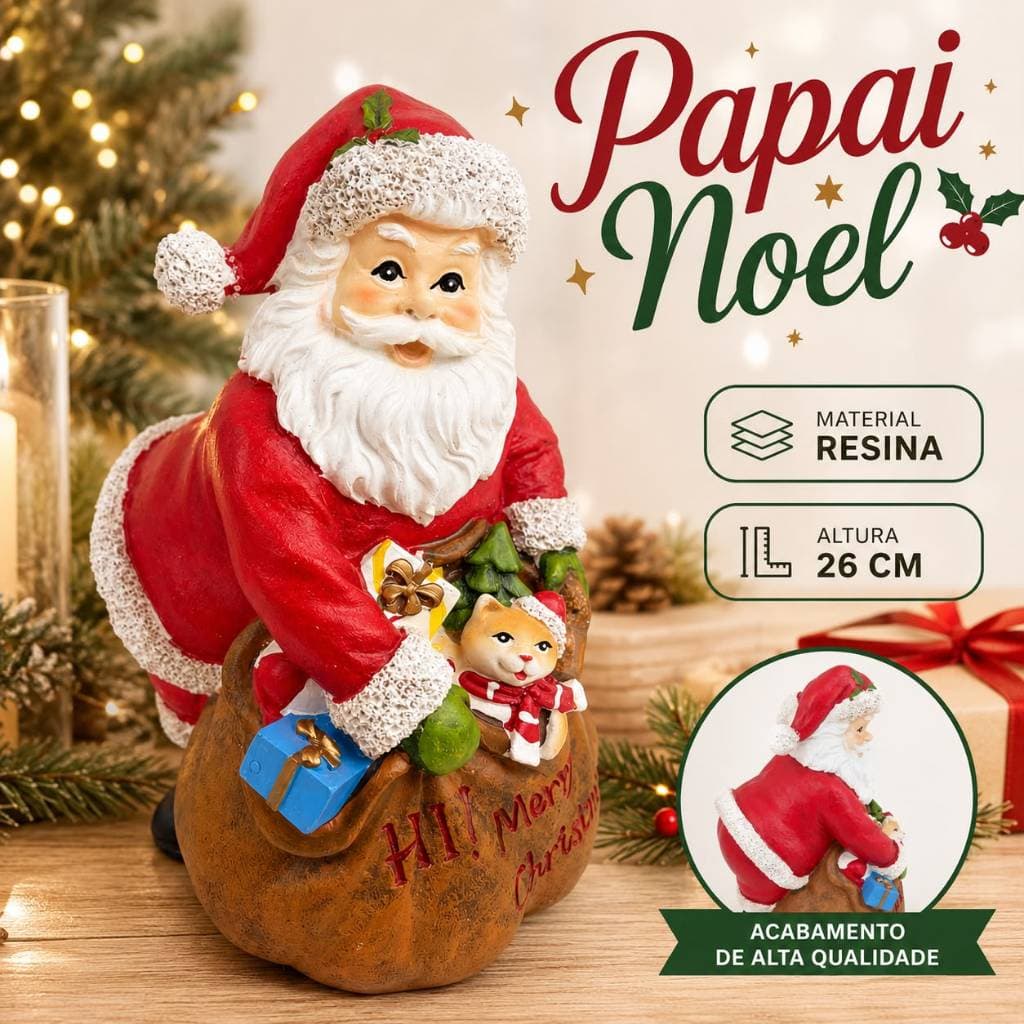 Papai Noel Decorativo em Resina 26 cm – Enfeite Natalino para Decoração de Natal