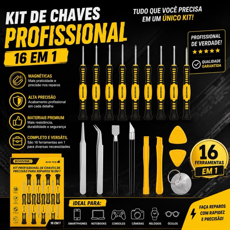 Kit de chaves profissional 16 em 1 precisão para reparo eletronicos celulares tablets notebooks
