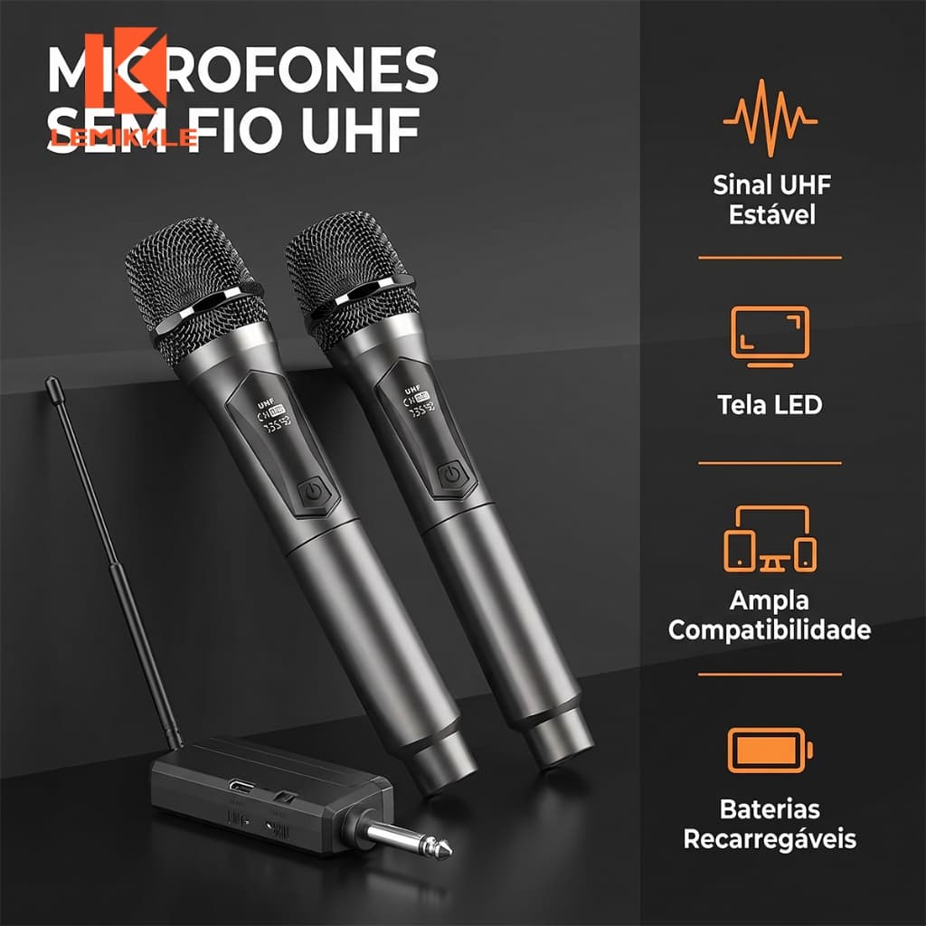 LEMIKKLE - Kit 2 Microfones Dinâmicos Sem Fio UHF Profissional Recarregável, Alcance 30m para Karaokê, Palco