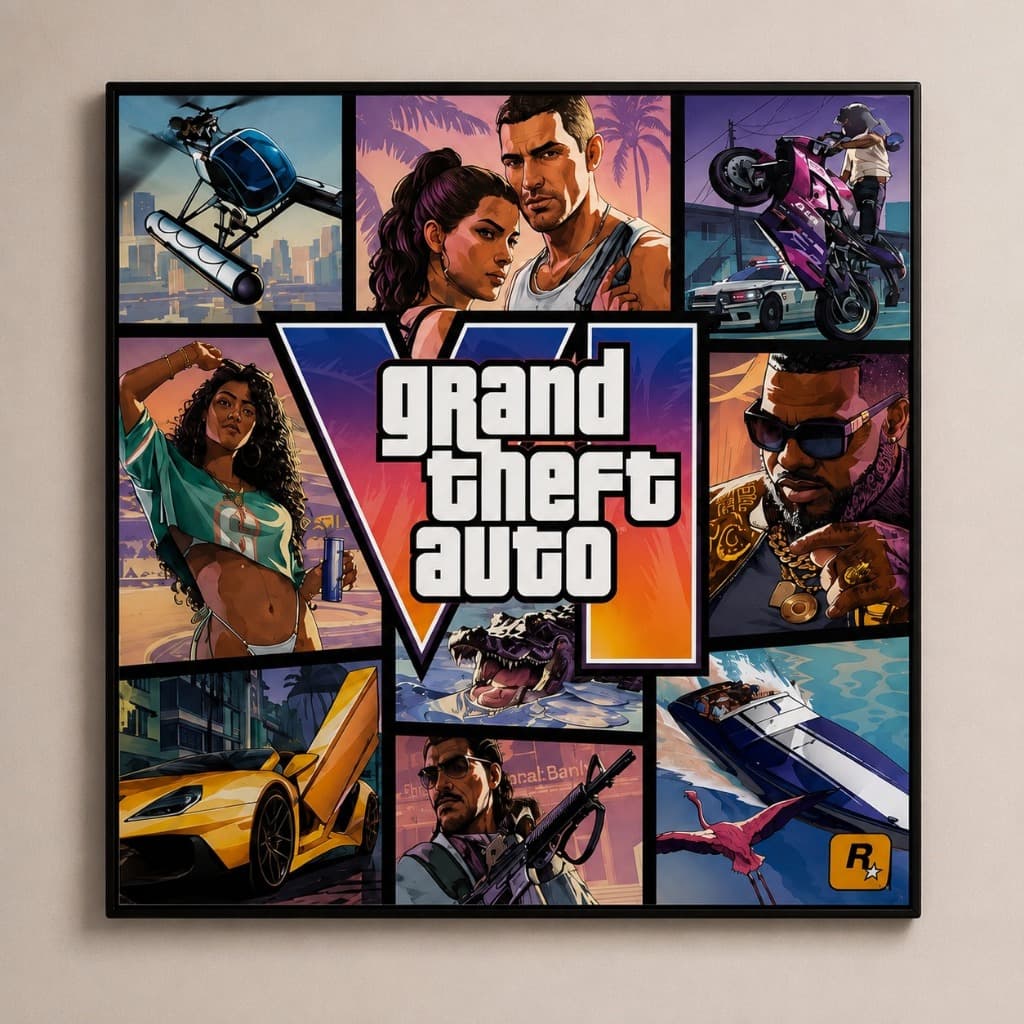 Quadro Decorativo Gamer 30x30cm Estilo G T A VI Jogo Ação Urbana Impressão Direta Parede Quarto