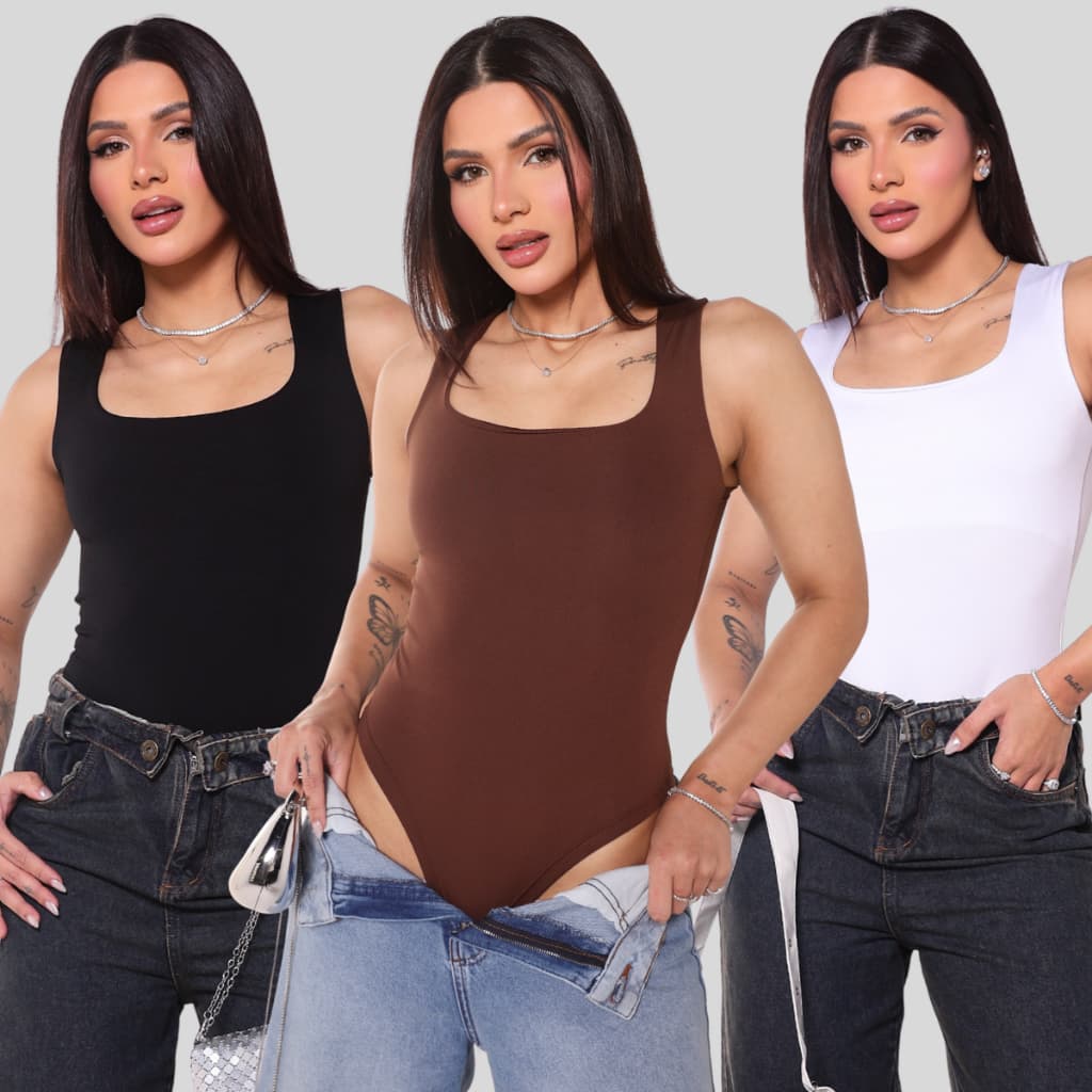 Kit 3 Body Feminino Alças Grossa Decote Quadrado Regata Básico Collant Casual