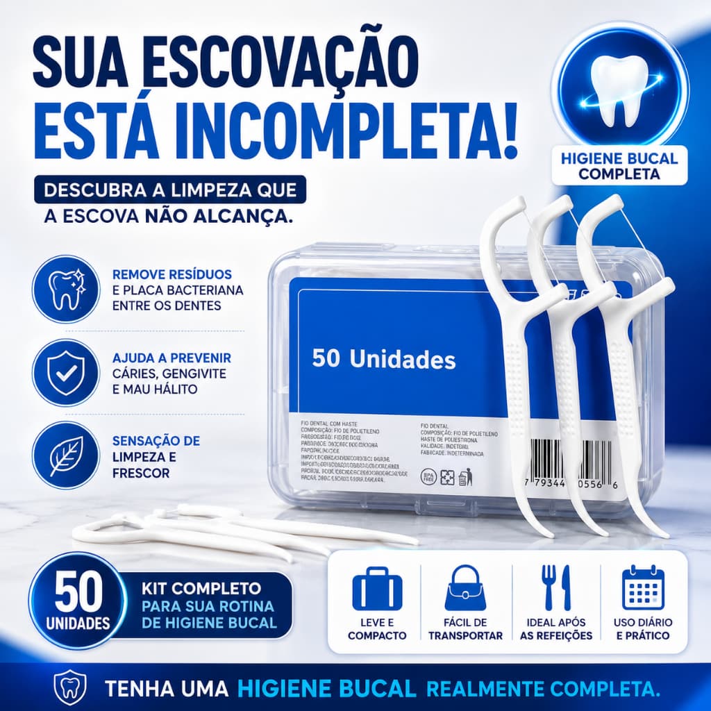 Fio Dental Com Haste Ergonômico Ultrafino 50 Peças Portátil Higiene Bucal Diária Premium