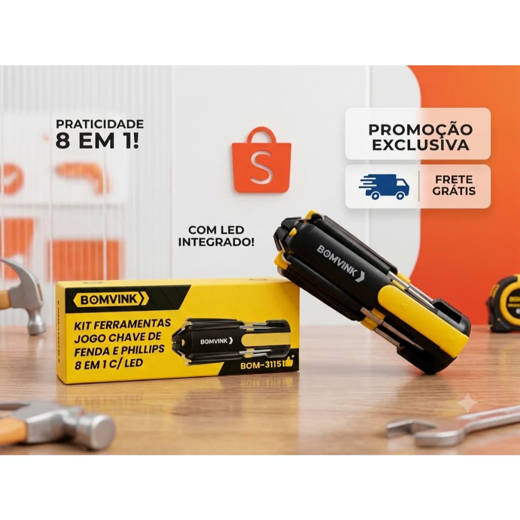 Ferramenta Multifuncional 8 em 1 Portátil Jogo Fenda e Phillips Com Luz LED Pilhas Inclusas Bomvink