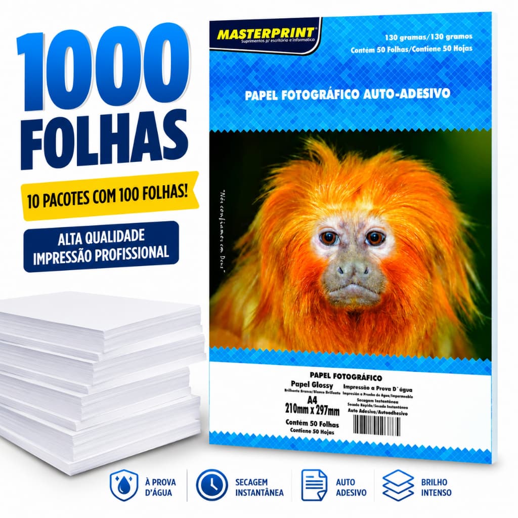 Papel Fotográfico 1000 Folhas Glossy A4 130g Adesivo À Prova D'água Masterprint