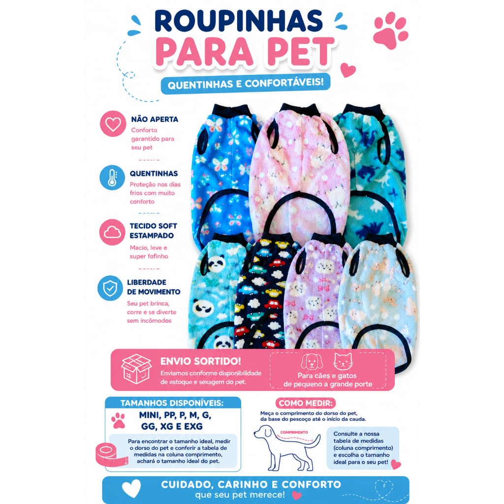 Roupa para Cachorro Roupinha Pet Inverno Soft Quentinha Frio Confortável Pequeno Médio Grande Porte Macho e Fêmea