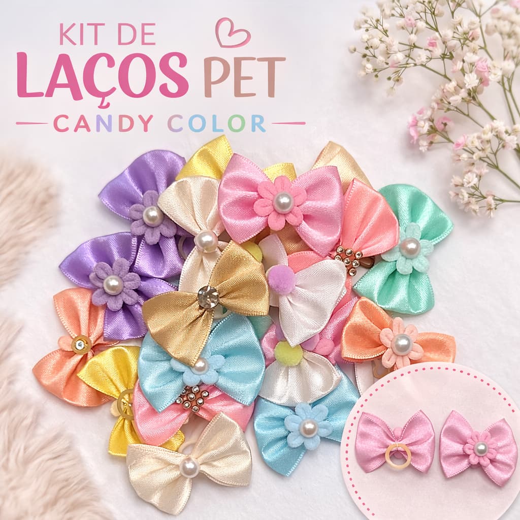 Kit 20 / 40 e 60 Laços Pet Brasil para Banho Tosa Pet Shop Lacinhos Cetim Premium Elástico Reforçado