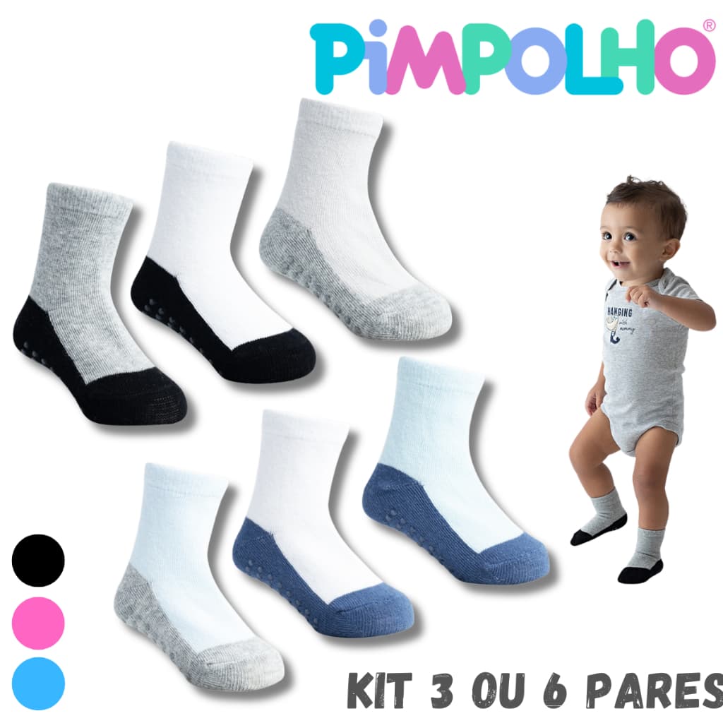 Kit Meia da Pimpolho Antiderrapante Para Bebe Tam.21-25 Kit com 3UN de Meias INFANTIL Menina Menino