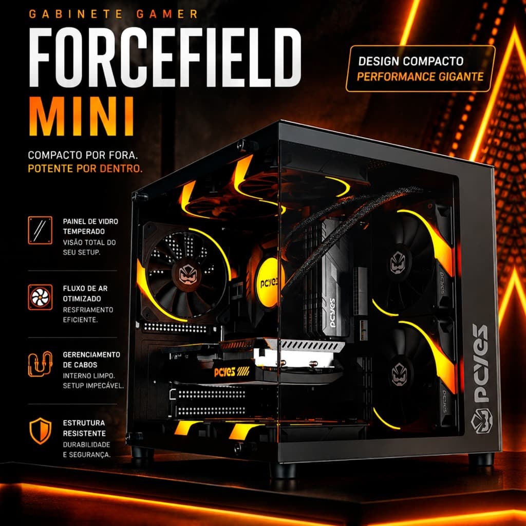 Gabinete Gamer Pcyes Forcefield Mini Black Vulcan - Gffmnbv