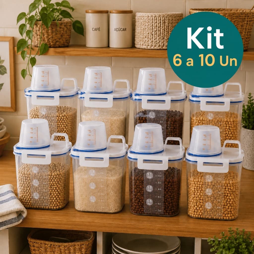 Kit 6 a 10 Pote Hermético 1,5L Cozinha com Copo Medidor Dosador Porta Mantimentos Grãos Farinha Organizador Tampa Segura