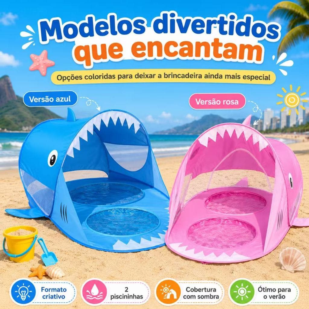 🦈🏖️ Barraca Infantil com 2 Piscininhas Integradas | Tenda Dobrável com Cobertura | Ideal para Praia, Quintal e Verão