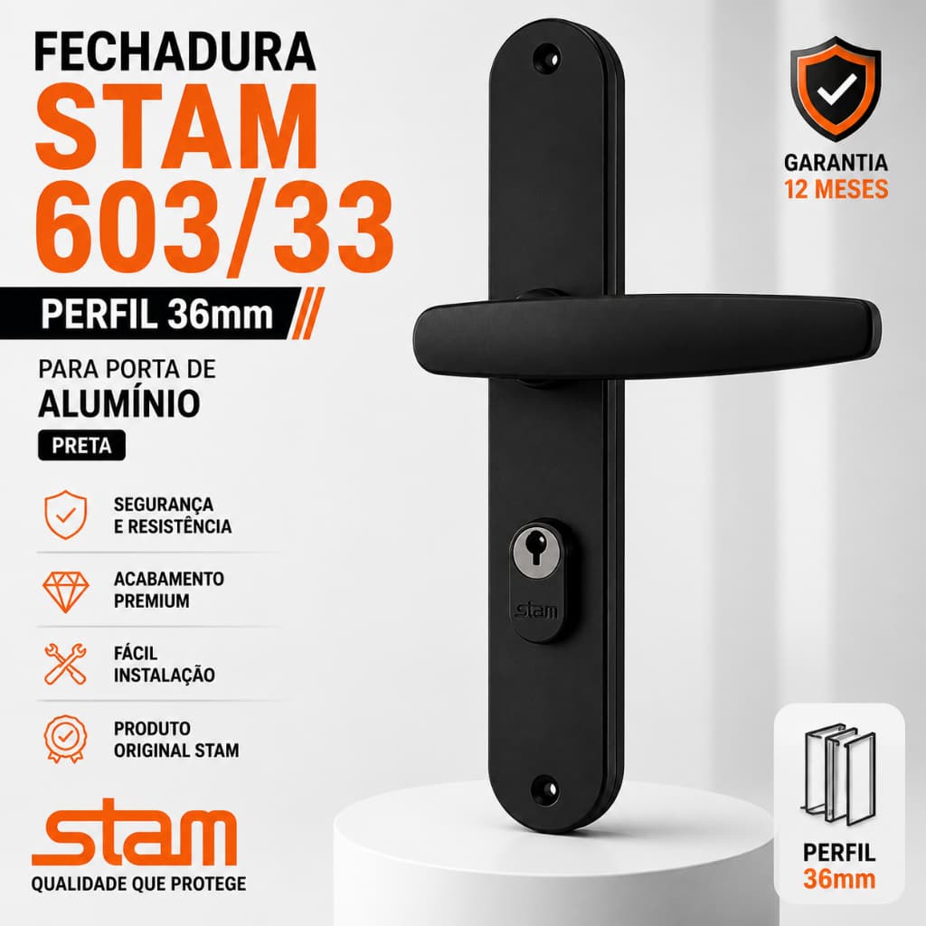 Fechadura Stam 603/33 Preta para Porta de Alumínio Perfil 36mm Original