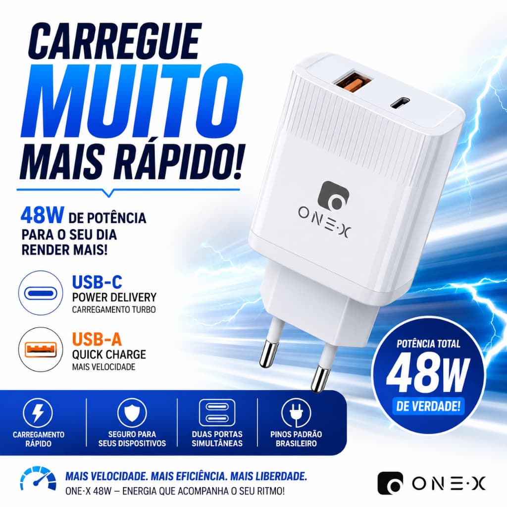 Fonte Carregador 48W USB-C e USB Carregamento Rápido Power Delivery Quick Charge Bivolt ONE·X CAR-6007 Branco