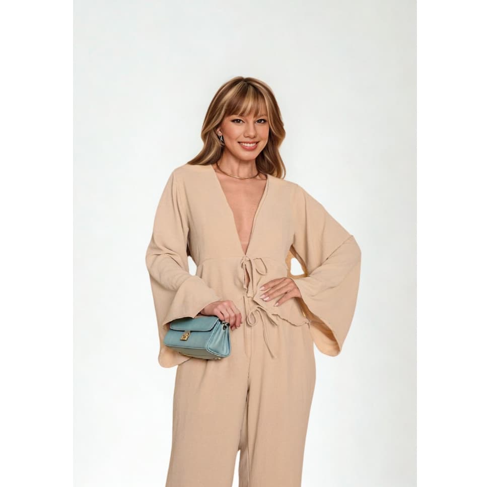 Conjunto Feminino Calça Pantalona e Blusa Bata com Babado Boho Chic Inverno Chic