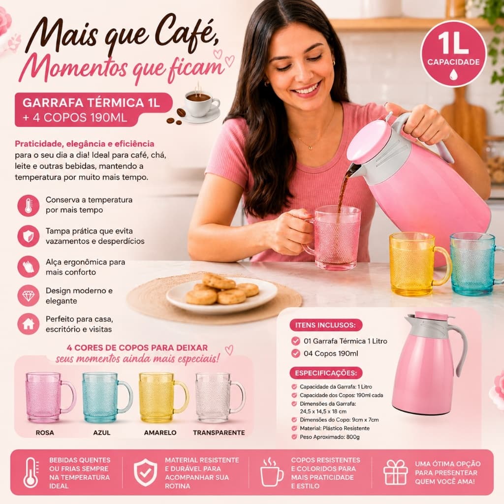Conjunto garrafa térmica 1 litro rosa+canecas de vidro 190ml coloridas café chá leite