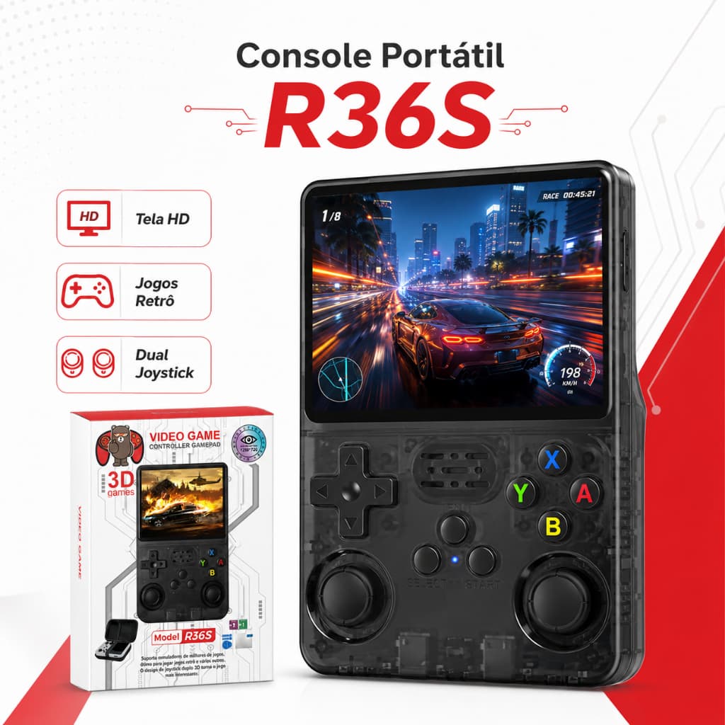 Videogame Portátil R36S 2 em 1 Console e Controle Gamepad com Tela HD, Dual Joystick e Suporte para Cartão TF