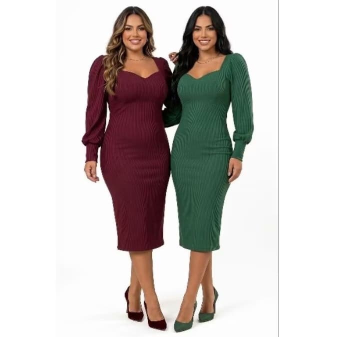 Vestido Midi Tubinho Moda Evangélica Manga Longa Canelado Premium Gorgorão Justo Envio Imediato CCB