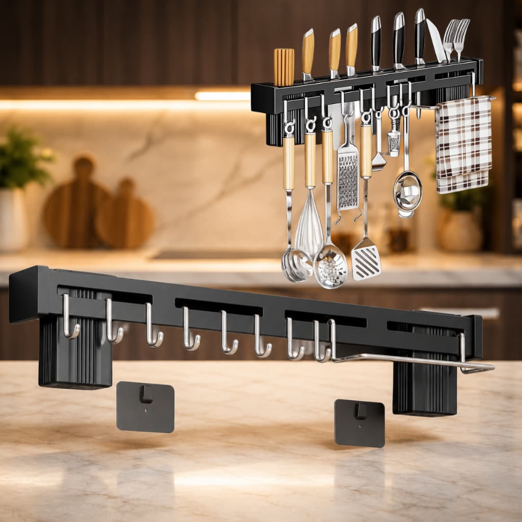 Suporte Cozinha Aço Inox Preto com 8 Ganchos Organizador Utensílios Pendurar Mais Espaçoso Bancada