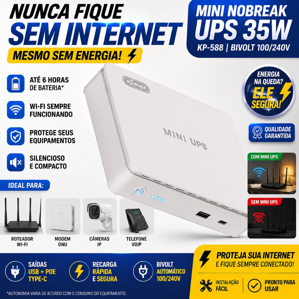 Mini Nobreak UPS 35W USB Type-C Poe Bivolt 100/240V KP-588