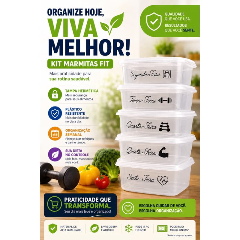 Kit com 10 Potes Marmita Fitness Práticas Organizador Alimentos para Dieta fitness Semanal